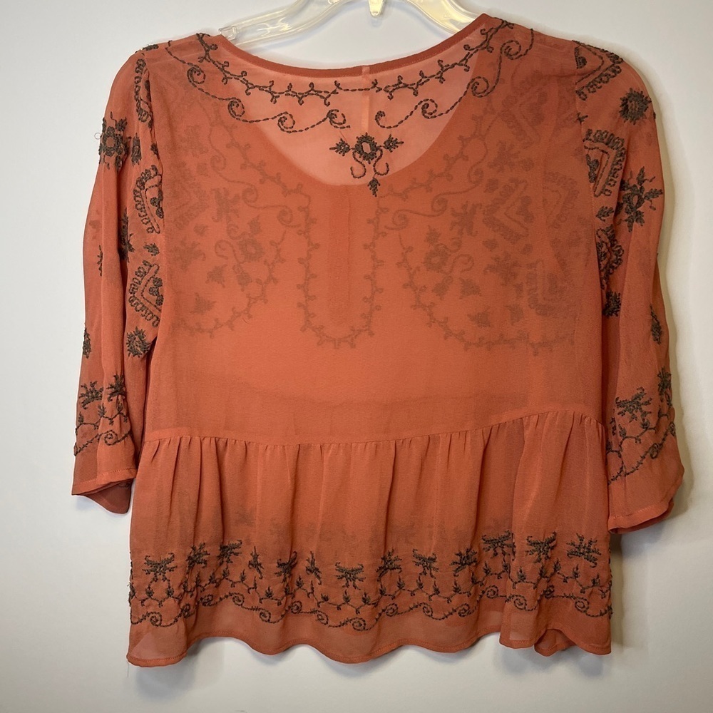 Free People Pennies Sequel Embroidered Peasant Semi-Sheer Blouse Sz M - Picture 9 of 12